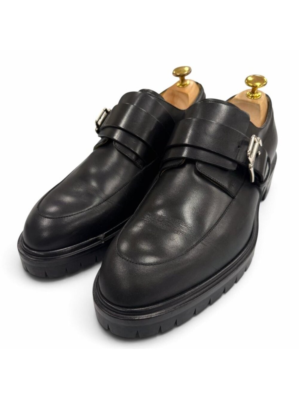 Hermes Silver Monk Strap Tip Leather Shoes Black IT